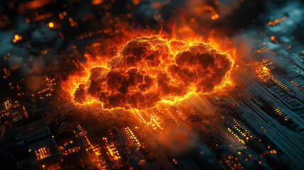 Wall Mural - fiery cloud on circuit board symbolizing the strength and intensity of cloud computing power
