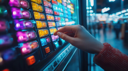 Wall Mural - finger pushing button on vending machine keypad to make a selection for a quick snack