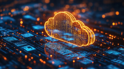 Digital data flow represented by futuristic web hologram with cloud icon, golden-blue light