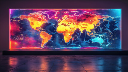 Wall Mural - a glowing world map illuminated with vibrant colors symbolizing global connectivity