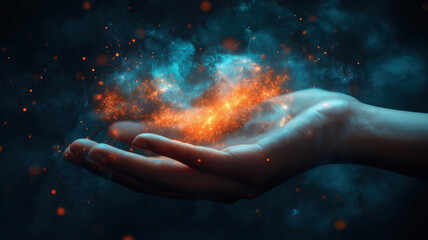 Wall Mural - cloud computing technology represented by magic particles on the palms, blending digital and mystica
