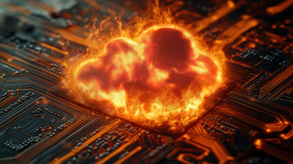 Wall Mural - fiery cloud symbol on circuit board representing the power and intensity of cloud computing technolo