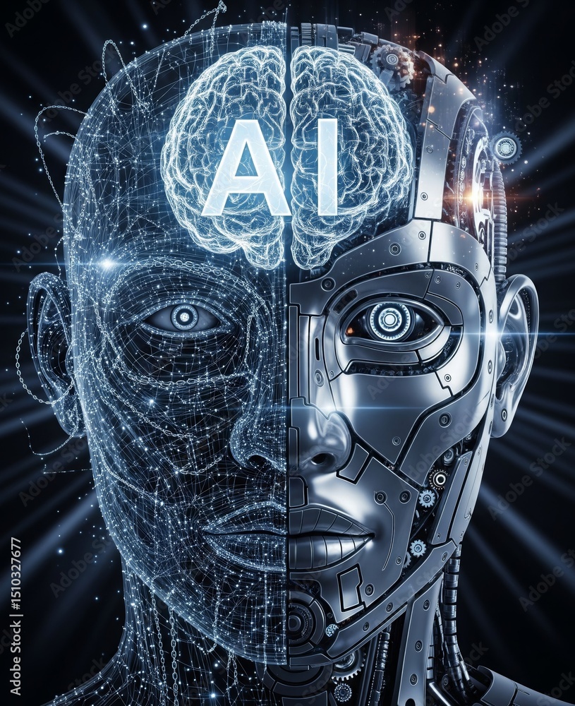 Abstract AI-humanoid face from numbers Half-robot, half-face of a ...