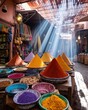 © MarinkaLev - Marrakech spice market with colorful mounds, patterned bowls, light cutting through cloth roof