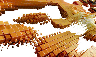 Aufkleber - 3D rendering of abstract orange cubes flowing and transforming, representing data stream, digital technology or innovation.