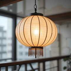 oriental lanterns, paper and wood materials, soft diffused light, balcony traditional chinese lanter