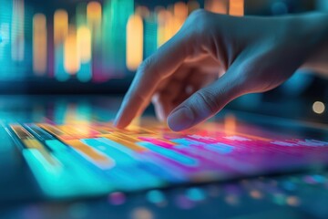 Wall Mural - hand interacting with colorful digital interface on touchscreen display in modern technology environ