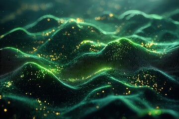 Wall Mural - abstract digital landscape with glowing particles and waves in green and gold tones