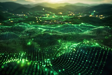 Wall Mural - futuristic digital landscape with glowing green grid and mountains at sunset