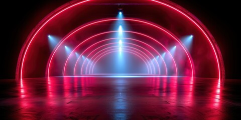 Wall Mural - Background of empty stage show. Neon light and laser show. Laser futuristic shapes on a dark 