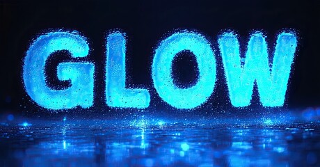 Fototapete - Bright blue word GLOW composed from sparkling particles. Dark background creates dramatic effect. Reflections visible below letters.
