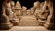 © T.Raw Visuals - Ancient stone temple structure stands in a cave with stairs leading up.