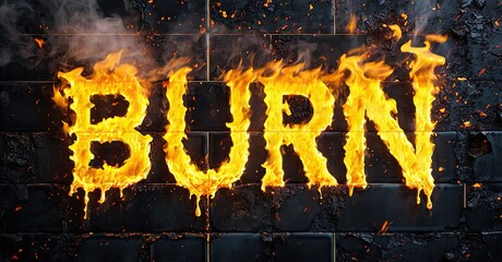 Aufkleber - Fiery text spelling BURN against dark brick wall. Flames drip, smoke rises. Intense, dramatic visual impact.