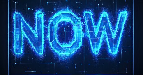Leinwandbilder - Bright blue NOW text dominates dark background. Digital grid pattern creates futuristic aesthetic. Intense glow emanates from letters.