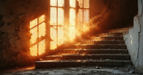 Aufkleber - Ruined interior, broken stairs, intense light streams through damaged window. Destruction, decay, dramatic scene.
