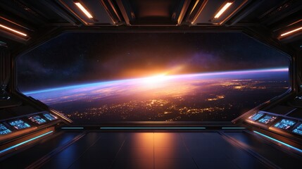 Wall Mural - Futuristic space station view showcasing Earth at sunrise with glowing cities below