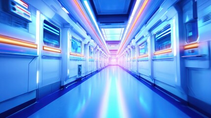 Wall Mural - Futuristic corridor with neon lights and smooth floor, evoking a sci-fi atmosphere
