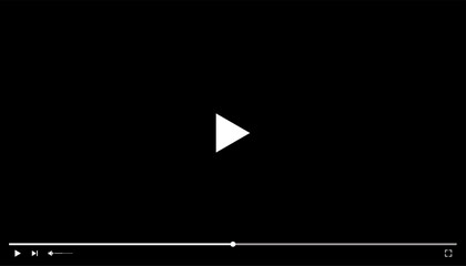 Simple vector UI of a video player with bold white play button and minimal controls on black screen. Ideal for media platforms, streaming interfaces, and UX/UI projects. Vector EPS 10