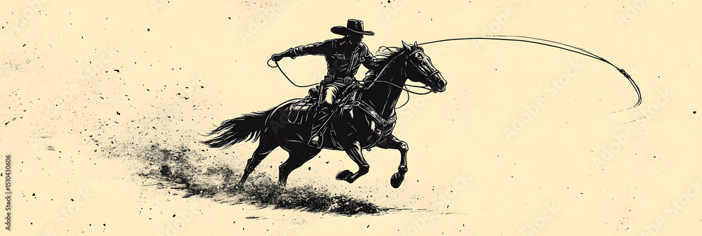Minimal vintage illustration of a cowboy riding a horse and throwing a ...