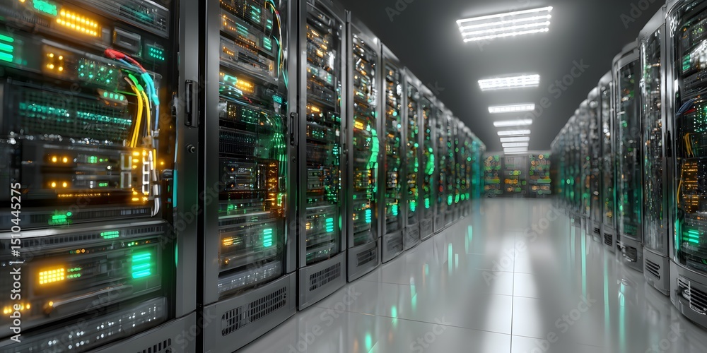 Neatly organized server racks in modern, bright data center display ...