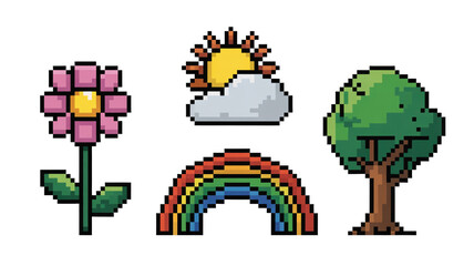Wall Mural - Vibrant pixel art illustrations featuring nature elements like blooming flowers, a shining sun behind clouds, colorful rainbows, and lush green trees on a transparent background