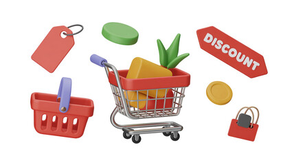 Wall Mural - 3d rendering of a shopping cart with groceries, basket, discount tag, coin and shopping bag, floatin