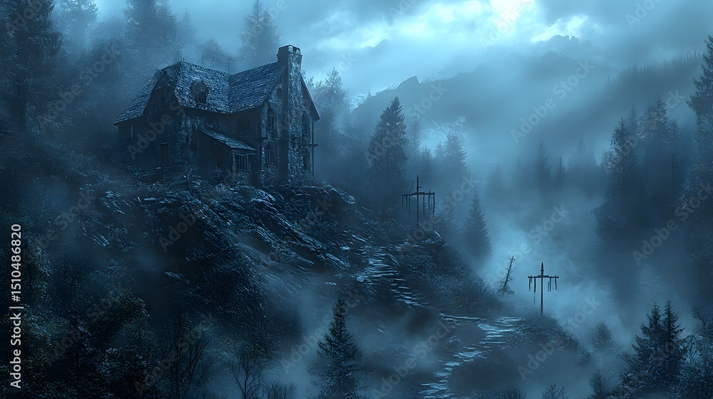 Detailed eerie background image of a dilapidated fantasy witch house on ...