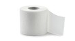 © 3D Animation - A single white roll of toilet paper, featuring a subtle embossed swirl pattern, is presented partially unrolled and isolated on a clean white background, casting a soft shadow.
