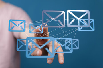 Poster - Hand interacting with a network of email icons, representing global communication and connectivity.