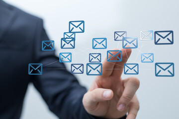 Poster - Businessman interacts with digital email network.  Concept of global communication, connection, and networking.