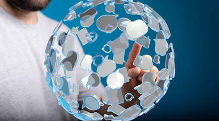 Aufkleber - Man interacts with a digital sphere of communication speech bubbles. Global network concept.