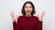© NN AI - Woman hands raised celebration victory success achievement happiness joy excitement. Female red sweater enthusiastic gesture triumph concept