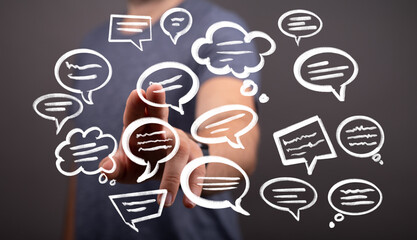 image of a person interacting with speech bubbles, ideal for communication, social media, or teamwor
