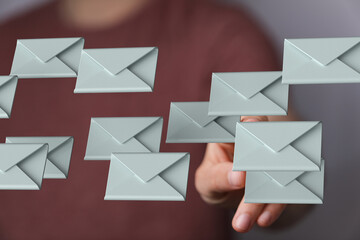 Poster - Person interacts with a digital stream of emails.  Concept of email management and inbox organization.
