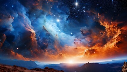 Wall Mural - stunning contrast between the fiery glow of a distant nebula and the icy brilliance of nearby stars highlighting the intricate interplay of light and shadow within the cosmic landscape