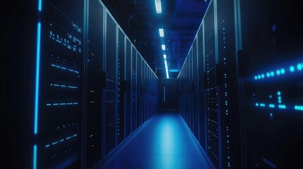 Aufkleber - Dark blue corridor of illuminated server racks in a secure data center, ideal for concepts of cloud technology, digital infrastructure, networking, and data management
