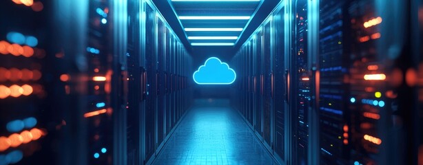 Aufkleber - Futuristic server corridor with glowing cloud icon symbolizing data center cloud computing, ideal for technology presentations, cloud storage ads, and IT infrastructure concepts