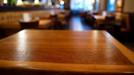 Poster - Empty wooden table in blurred restaurant.