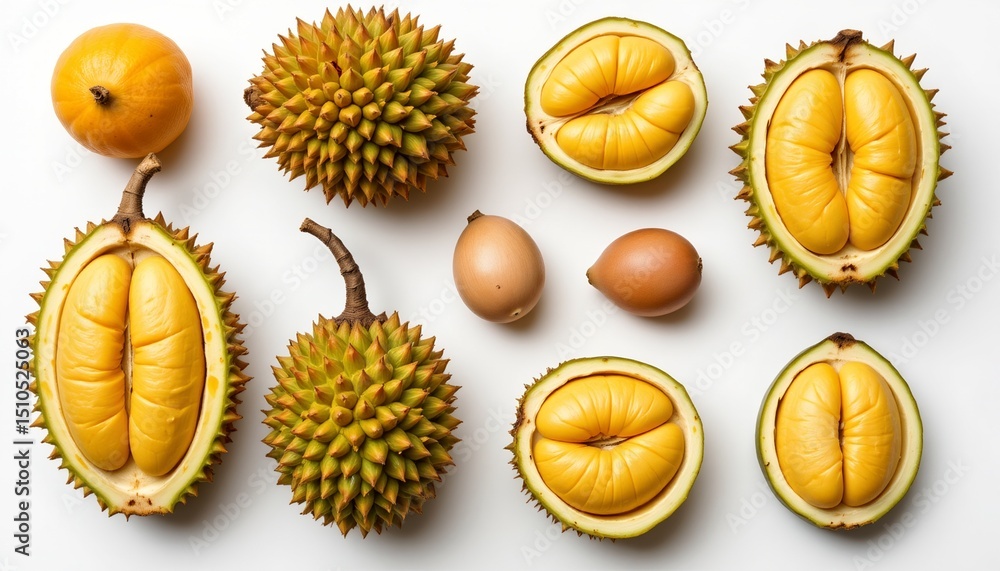 Ilustracja bez tantiem: collection of durian species with whole fruit ...