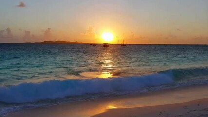 Aufkleber - Golden sunset over calm ocean with boats and island silhouette at the horizon, reflecting on sandy beach.