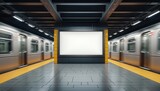 3D rendering of blank illuminated billboard in New York subway station with moving train passing platform. Urban underground transportation concept, advertising opportunity space, dynamic metro enviro