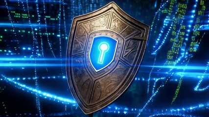 Leinwandbilder - Ornate shield with glowing keyhole, digital background.