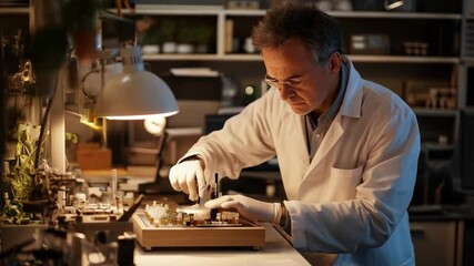 Aufkleber - Scientist in lab coat meticulously working with samples in a dimly lit laboratory.