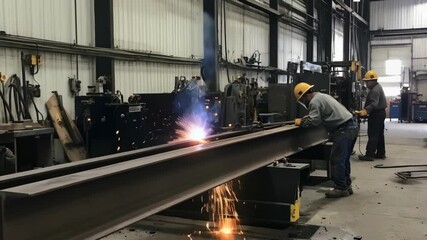 Aufkleber - Two welders working on a large metal beam in a factory, sparks flying.