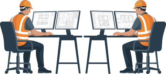 Two construction engineers working on architectural blueprints using dual computer monitors in office, wearing safety helmets and reflective vests