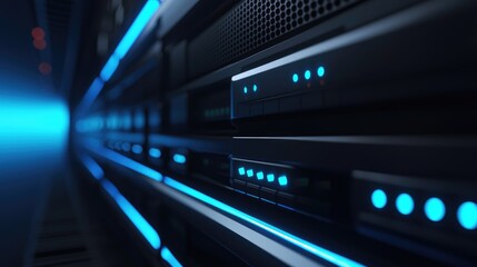 Poster - Detailed close-up of futuristic data server rack with glowing blue indicators and high-tech design, perfect for illustrating cloud storage, IT security, and digital networks
