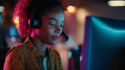 Poster - Young Woman Wearing Headphone Working At Computer With Lighting and Blurred Background