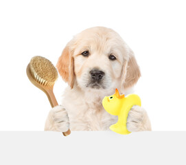 Aufkleber - Cute Golden Retriever puppy holds rubber duck and bath brush and looks above blank white banner. isolated on white background