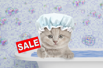 Fototapete - Cute kitten wearing shower cap takes the bath at home and  shows signboard with labeled 