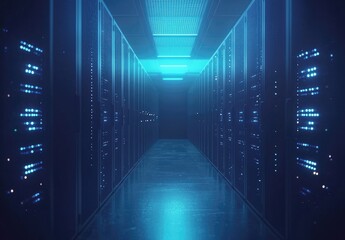 Aufkleber - Dark glowing data center hallway with illuminated server racks and ceiling lights, ideal for visual themes of cloud storage, IT security, network systems, and digital infrastructure